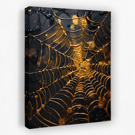 Web of Gold - Luxury Wall Art Spider Web Picture Frame, Hot Glue Canvas Art Diy, Cute Spider Painting, Halloween Abstract Art, Gold Painting Ideas, Spiderweb Painting, Spider Web Painting, Witchy Pictures, Spider Web Diy