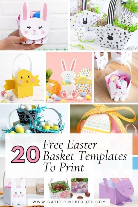 Collage of 20 free Easter basket templates to print. Easter Gift Boxes Diy, How To Make Easter Baskets Out Of Paper, Free Easter Templates Printables, Printable Easter Baskets Template, Easter Boxes For Kids, Easter Treat Boxes Diy, Easter Gift Boxes Ideas, Easter Basket Templates Free Printables, Paper Basket Template