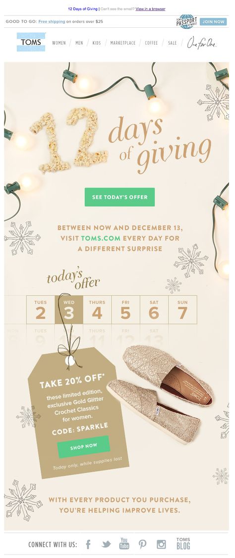 TOMS holiday email 2014 Black Friday Sale Ads, Holiday Email Campaigns, Email Marketing Layout, Christmas Promo, Black Friday Design, Holiday Emails, Email Marketing Design Inspiration, Rating System, Email Blast