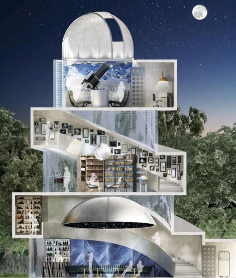 The three-level dome-structured observatory features a home cinema, a planetarium, a karaoke bar, a library and a lounge to enjoy cigars with the observatory roof and glazed roof open. Observatory Architecture, Observatory House, Home Observatory, Planetarium Architecture, Space Observatory, Karaoke Bar, Astronomical Observatory, Dome House, Home Cinema