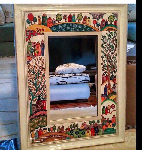 Wooden Frame Decoration Ideas, Vintage Hand Painted Furniture, Diy Mirror Wall Decor, Painted Mirror Art, Kerala Mural Painting, Diy Abstract Canvas Art, Abstract Flower Art, Mirror Artwork, Art Decor Diy