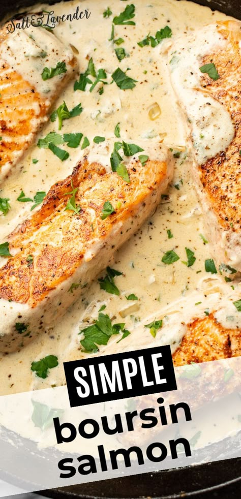 closeup of a skillet with salmon in creamy sauce with text overlay that reads simple boursin salmon Lemon Herb Sauce, Boursin Cheese Recipes, Boursin Recipes, Mediterranean Diet Recipes Dinners, Fancy Dinner Recipes, Boursin Cheese, Herb Sauce, Baked Salmon Recipes, Salmon Dishes