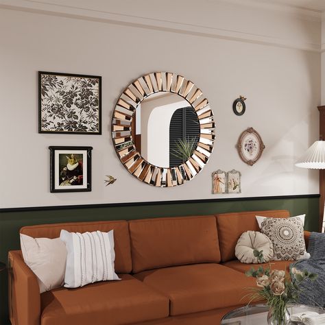 Double Round Mirror Living Room, Round Mirrors In Entryway, Small Mirrors On Wall Living Room, Round Mirror Sofa, Living Room Mirrors Round, Round Mirror Above Tv, Accent Mirror Gallery Wall, Round Mirror Above Credenza, Circle Mirror Above Sofa