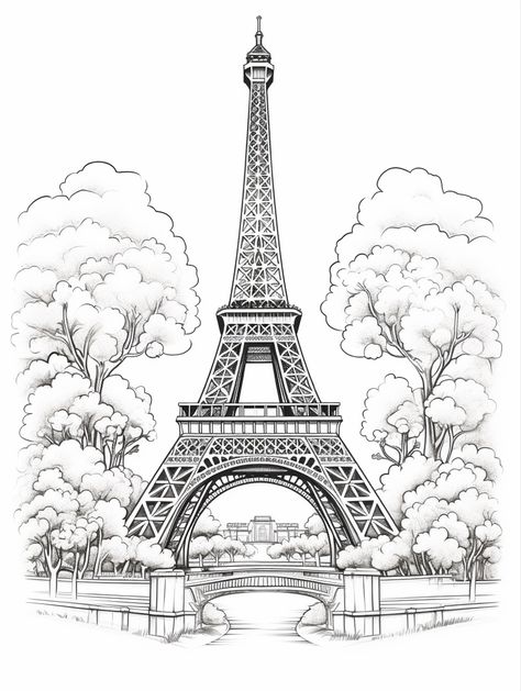 Paris Eiffel Tower Painting, Efile Tower Drawing, Paris Sketch Pencil, Paris Eiffel Tower Drawing, Paris Coloring Pages, Monument Drawing, Eiffel Tower Sketch, Paris Drawings, Paris Art Painting