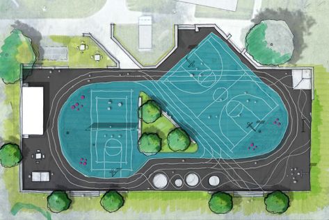 Gordonridge Community Multi-Sport Court - ERA Architects Multi Sport Court, Kids Outdoor Spaces, Outdoor Sports Court, Urban Spaces Design, Outdoor Basketball Court, Stadium Design, Key Projects, Community Housing, Sport Court