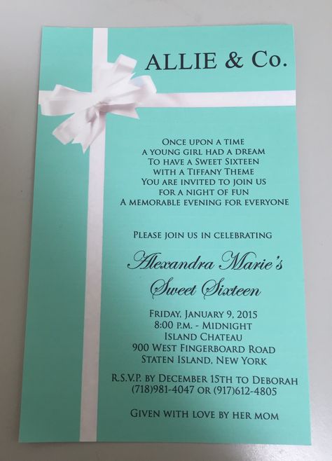 Tiffany Co Sweet 16 Decor, Tiffany Co Invitation, Tiffany Blue Black And Silver Party, Tiffany And Co Invitations, Tiffany And Co Birthday Invitations, Tiffany Blue Sweet 16 Ideas, Tiffany And Co Sweet 16 Ideas, Sweet 16 Tiffany And Co Theme, Tiffany Themed Sweet 16