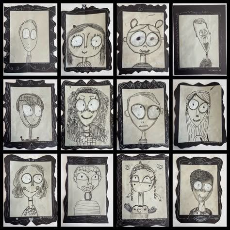 Tim Burton Portraits Art Lesson, Tim Burton Selfies, Tim Burton Portraits, Tim Burton Self Portrait, Tim Burton Characters Drawings, Tim Burton Drawings Style, Tim Burton Art Style, Tim Burton Art, Art Lessons Middle School