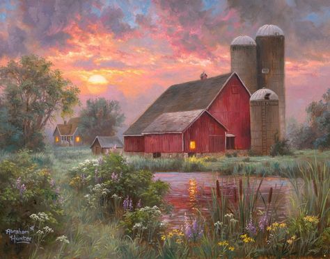 Abraham Hunter 😊 (@abrahamjhunter) • Instagram photos and videos Large Cross Stitch Patterns, Blue Farmhouse, Tall Grasses, Barn Pictures, Small Pond, Farm Paintings, Colorful Sunset, Barn Painting, Farm Scene