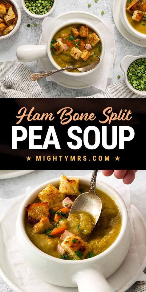 You'll love this old fashioned split pea soup recipe that's easy to make on the stovetop or slow cook in your crockpot. A perfect easy dinner you can make after the holidays using leftover ham. Thick, creamy and flavorful — this soup is delicious yet so simple. Made with a ham bone and lots of healthy vegetables. Save that ham bone and make this soup! Freezer friendly. Homemade Pea Soup With Ham Bone, Ham Bone Split Pea Soup, Pea Soup With Ham Bone, Soup With Ham Bone, Pea Soup With Ham, Soup Party, Ham Leftovers, Ham Bone Soup, Soup With Ham