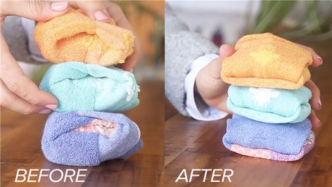 How to fold socks so your drawer is organized once and for all Organize Baby Socks, Folding Socks, Folding Fitted Sheets, Sock Organization, Clothes Organization Diy, Sock Drawer, Nursery Organization, How To Fold, Folding Clothes