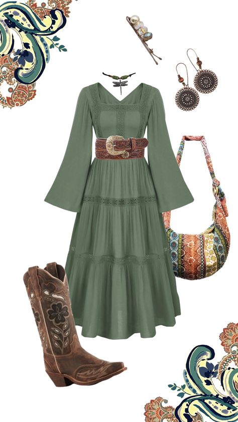 boho hippie outfit peasant dress hobo bag paisley waist leather belt cowboy boots hippie Halloween inspo Hobo Outfit Ideas, Long Dress With Cowboy Boots, Boho Country Outfits, Boho Hippie Outfits, Dresses With Cowboy Boots, Hippie Halloween, Cowgirl Outfit, Outfits Modest, Hippie Dress