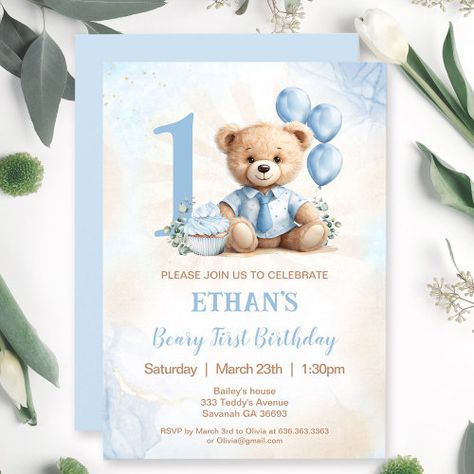 Teddy Bear 1St Birthday Blue Balloons Invitation #zazzle #weddinginvitations #birthdayinvitations #babyshowerinvitations #zazzleinvitations #monogram #businesscards #graduation #homedecor First Birthday Boy Invitations, Beary 1st Birthday, Balloon Invitation, Birthday Bear, Teddy Bear Birthday, Bear Birthday Party, Bear Invitations, Baptism Ideas, Bear Pink