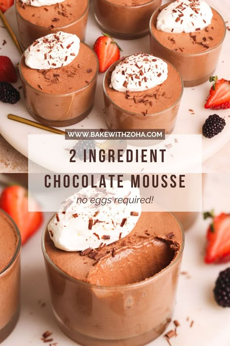 Looking for a quick sweet treat that is eggless? This easy chocolate mousse only takes 10 minutes and requires 2-ingredients! Perfect for holiday desserts tables, dinner parties, or anytime you want a sweet treat. This no-bake dessert is simple yet delicious, making it perfect for mini dessert cups to serve a crowd. Visit bakewithzoha.com to get the full recipe. Dessert Cups Recipes No Bake, Chocolate Mousse Shooters Dessert Shots, Gluten Free Mini Dessert Cups, Chocolate Mousse Mini Desserts, Mini Chocolate Mousse Cups, Mouse Cups Desserts, Mini Mousse Cups, Dessert For One Easy, Mini Dessert Cups Easy