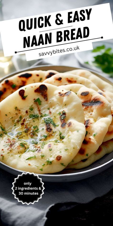 Discover the joy of homemade bread with this Easy 2-Ingredient Naan Bread recipe! Perfectly soft, chewy, and delicious, this naan is ideal for scooping up your favourite curry or making quick wraps. You won't believe how simple it is - all you need is self-raising flour and Greek yogurt! Save and try this foolproof recipe today and bring the authentic taste of Indian cuisine right into your kitchen. 2 Ingredients Naan Bread, Recipe For Naan Bread Flatbread Pizza, Yeast And Flour Recipes, Garlic Naan No Yeast, Quick And Easy Naan Bread, 3 Ingredient Naan Bread With Yogurt, Yogurt And Flour Naan Bread, Naan Easy Recipe, Quick Naan Recipe