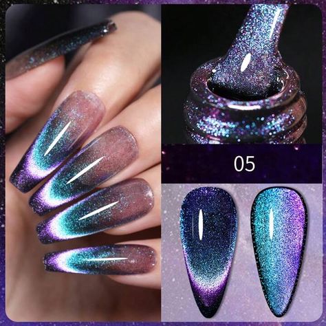 Nail Galaxy, Nail Salon At Home, Glitter Cat Eye, Purple Glitter Nails, Aesthetic Rainbow, Cat Eye Nails Polish, Color Changing Nails, Chrome Nails Designs, Halloween Acrylic Nails