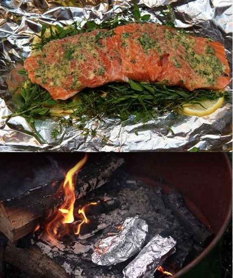 Fire-Roasted Salmon With Herbs and Lemon | 27 Delicious Recipes To Try On Your Next Camping Trip Campfire Salmon, Hamburger Chicken, Foil Salmon, Pasta Packet, Vegetarian Party, Campfire Dinners, Campfire Breakfast, Best Camping Meals, Campfire Food