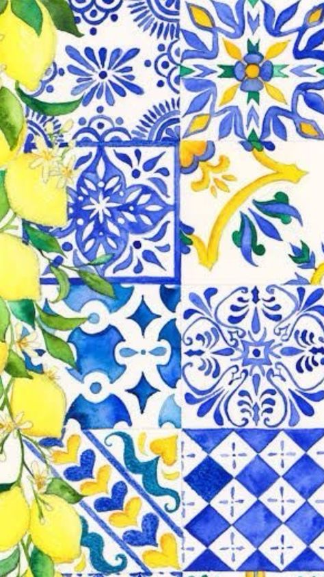 #wallpaper #greece #blue #lemon Italian Tiles Pattern, Greece Blue, Patterns Watercolor, Italian Pattern, A Place For Everything, Lemon Patterns, Lemon Decor, Soyut Sanat Tabloları, Islamic Art Pattern