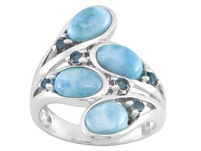 Oval Cabochon Larimar With .16ctw Round Barehipani Topaz(Tm) Sterling Silver Bypass Ring Larimar Rings, Larimar Jewelry, Bold Rings, Blue Stones, Bypass Ring, Jewelry Television, Jtv Jewelry, Broken Chain, Blue Gems