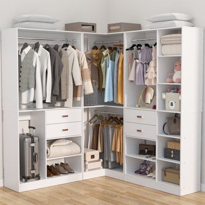 Are you looking for a closet that can store a lot of clothes and suitcases? Our closet system set with 3 sets can meet your needs. You can make your closet organizer system as a simple L-shaped closet or a long L-shaped closet. The closet set comes with 3 separate sets: one closet system with 10 shelves + one corner closet system + one closet system with suitcase storage. This huge closet system has 18 storage shelves, 4 hanging rods, and 4 wood storage drawers with 600+ pcs clothes capacity. It Shelves For Bags, L Shaped Closet Designs, Floating Closet, Corner Wardrobe Closet, Wardrobe With Drawers, Freestanding Closet, Standing Closet, Corner Closet, Folded Clothes