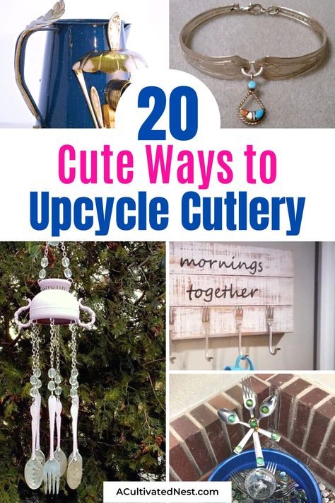 20 Beautiful Cutlery Upcycle Projects- Turn your old cutlery into stunning upcycle projects! Check out these beautiful cutlery upcycle projects for ideas to transform spoons, forks, and knives into unique home décor, jewelry, and more! | #upcycle #cutlerycrafts #DIYprojects #repurpose #ACultivatedNest Cutlery Wind Chime Diy, Plastic Silverware Crafts, Spoon Decoration Ideas, Old Silverware Ideas Diy Projects, Silverware Windchimes Diy, Vintage Silverware Crafts, Utensil Crafts, Silverware Wind Chimes, Silverware Windchimes