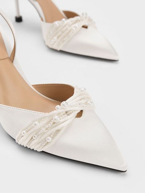 Charles And Keith Wedding Shoes, Wedding Shoes Chanel, Sling Back Wedding Heels, White Heels Elegant, Bridal Shower Heels, Modern Bridal Shoes, Pearl Wedding Heels, White Satin Heels, Elegant Wedding Shoes Heels