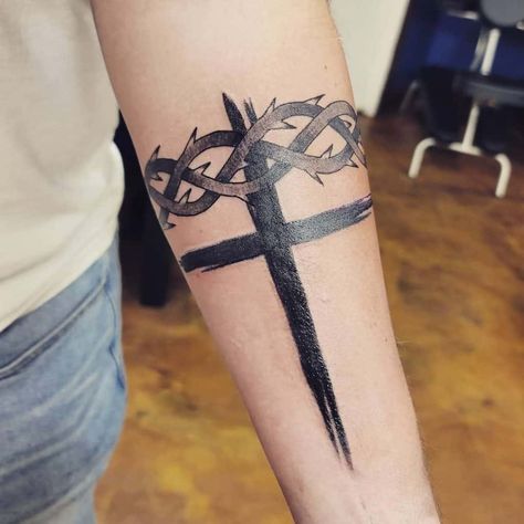 Crown and Cross Tattoo Thorn Cross Tattoo, Cross Band Tattoo, Crown Of Thorns Bracelet Tattoo, Crown Of Thorns Wrap Around Tattoo, Crown Of Thorns Tattoo Around Wrist, Cross And Crown Of Thorns Tattoo, Tj Tattoo, Cross With Crown Of Thorns Tattoo, Cross With Crown Of Thorns Tattoos For Men