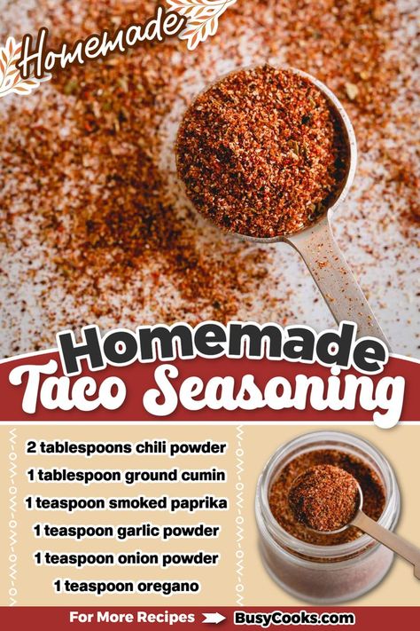 This homemade taco seasoning is the best way to add Mexican-inspired flavor to your favorite weeknight meals. Diy Taco Seasoning, Make Taco Seasoning, Homemade Taco Seasoning Mix, Homemade Taco Seasoning Recipe, Homemade Spice Mix, Taco Seasoning Recipe, Taco Seasoning Packet, Seasoning Recipe, Healthy Tacos