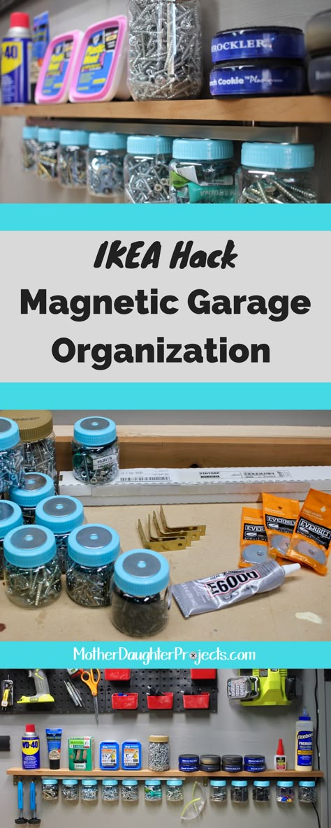 Learn how to use a magnetic rack from Ikea to add some garage storage for your screws, nuts, nails and more! Garage Organization Storage, Garage Organization Shelves, Porsche Garage, Garage Wall Shelving, Automotive Garage, Garage Organization Systems, Plan Garage, Shed Organization, Garage Remodel