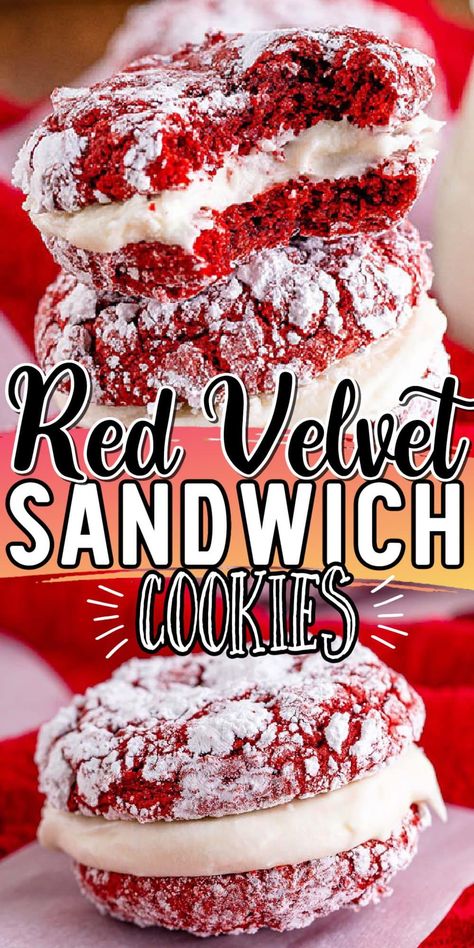 Red Velvet Cake Mix Cookies, Red Velvet Sandwich Cookies, Cake Box Cookies, Cookie Sandwich Recipes, Velvet Cookies, Red Velvet Cake Mix, Cake Mix Cookie Recipes, Tasty Dessert, Red Velvet Cookies