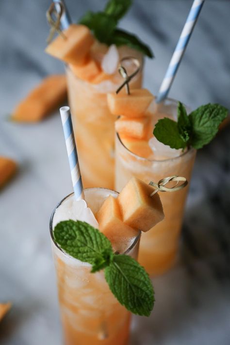 Cantaloupe Cocktail, Cantaloupe Juice, Collins Glass, Savory Food, Mint Sprig, Agave Nectar, Club Soda, Crushed Ice, Delicious Cocktails