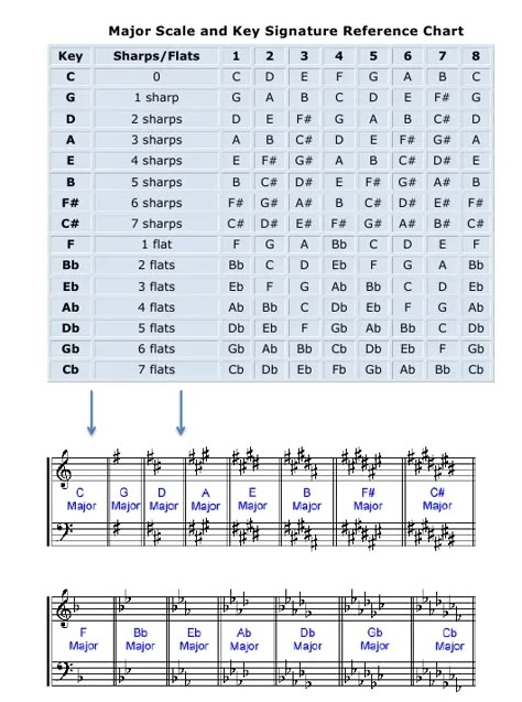 Musical Scales Charts, Piano Scales And Chords, Key Signature Chart, Music Scales Charts, Major Scales Piano, Piano Scales Chart, Major Scale Guitar, Music Key Signatures, Saxophone Fingering Chart