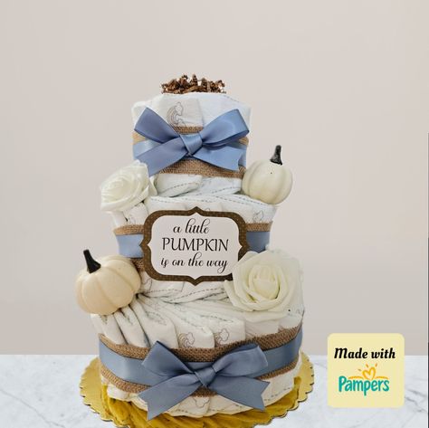 Pumpkin Baby Shower Centerpiece, Little Pumpkin Diaper Cake, Cakes 3 Tier, Fall Diaper Cake, Pumpkin Diaper Cake, Scalloped Cake, Diaper Cake Boy, Blue Pumpkin, Baby Shower Diaper Cake