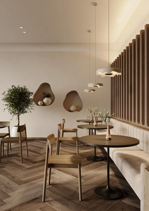 Neutral Cafe Interior, Neutral Restaurant Design, Minimal Cafe Design Interiors, Japandi Restaurant Interior, Minimalist Restaurant Design, Japandi Restaurant, Cafe Seating Ideas, Korean Cafe Interior Design, Japandi Cafe