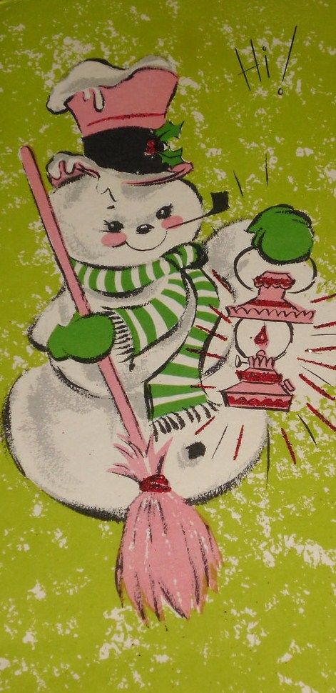 Vintage Pink & Green Snowman Christmas Card Vintage Snowman Illustration, Snowmen Cards, Old Ornaments, Vintage Holiday Cards, Snowman Christmas Cards, Christmas Canvas Art, Vintage Snowman, Snow People, Vintage Christmas Greeting Cards