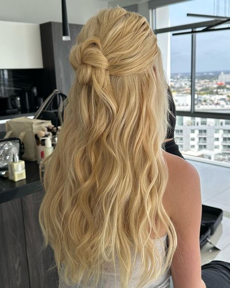 Formal Hair Half Up Half Down Bun, Debutante Hairstyles Half Up, Vintage Half Up Half Down Hair Wedding, Homecoming Hairstyles Half Up, Prom Hairstyles Half Up Half Down Bun, Half Up Half Down Homecoming Hair, Bun Hairstyles Prom, Wavy Hair Flat Iron, Debutante Hair