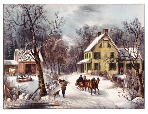 Old American Homestead Free Stock Photo - Public Domain Pictures Courier And Ives, Currier And Ives Prints, Winter Horse, Litho Print, Currier And Ives, Old Fashioned Christmas, Snow Scenes, Vintage Winter, Winter Art