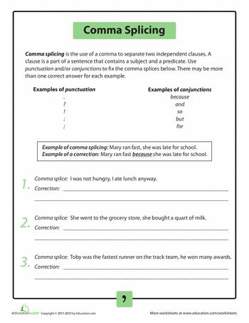 Worksheets: Comma Splicing Commas Worksheets 2nd Grade, Comma Worksheets 2nd Grade, Using Commas, Comma Splice Anchor Chart, Comma Splice Examples, School Book Covers, Grammar And Punctuation, Writing Classes, Middle School Writing