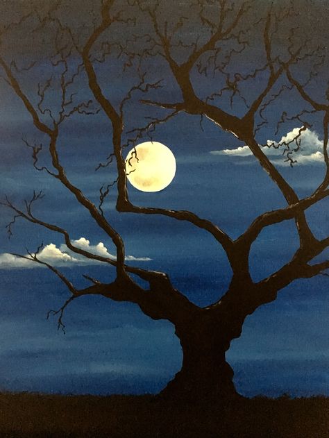 Paint Nite. Spooky Sundown | Canvas Paintings | Pinterest ... Tree At Night Painting, Silhouette Tree Painting, Spooky Acrylic Painting Ideas, Spooky Tree Painting, Tree Paintings Acrylic, Acrylic Halloween Paintings, Night Tree Painting, Night Moon Painting, Spooky Acrylic Painting