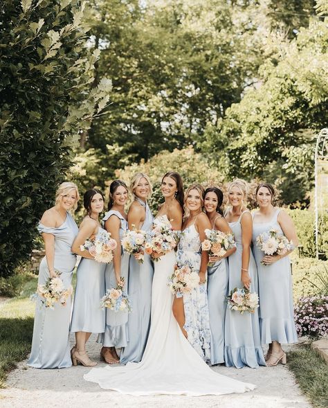 Pink And Blue Mismatched Bridesmaids, Blue Bridesmaids Pink Flowers, Light Blue Bridesmaid Proposal, Blue Pastel Bridesmaid Dresses, Sky Blue Bridesmaid Dresses With Groomsmen, Blue Flower Bridesmaid Dresses, Blue Bridal Party Attire, Powder Blue Bridesmaids Dresses, Pastel Bridesmaid Dress