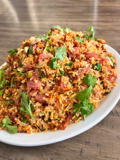 Nam Khao Crispy Rice Salad, Nam Khao Recipe Laos, Leftover Sticky Rice Recipe, Crunchy Rice Recipes, Crispy Rice Salad Recipe, Hearts Of Palm Rice Recipes, Lao Food Recipes, Nam Kao, Nam Khao Recipe