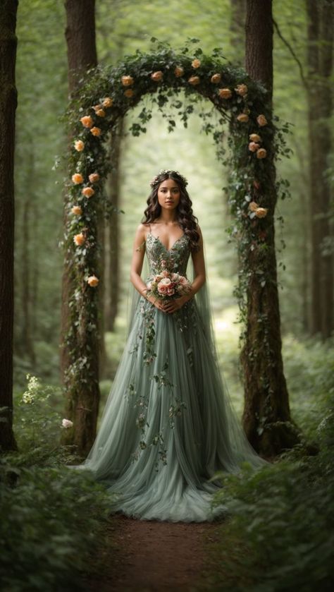 "Enchanted Forest: Girl Among Towering Trees in Floral Gown" Model Photoshoot Poses, Butterfly Wedding Theme, Supernatural Aesthetic, Vines And Flowers, Portraits Ideas, Fairy Photoshoot, Walking Dress, Forest Walk, Creative Portrait Photography