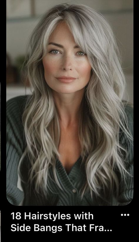 Hairstyles With Side Bangs, Long Grey Hair, Side Bangs Hairstyles, Grey Hair Inspiration, Beautiful Gray Hair, Side Bangs, Long Hair With Bangs, Hair Color And Cut, Long Layered Hair