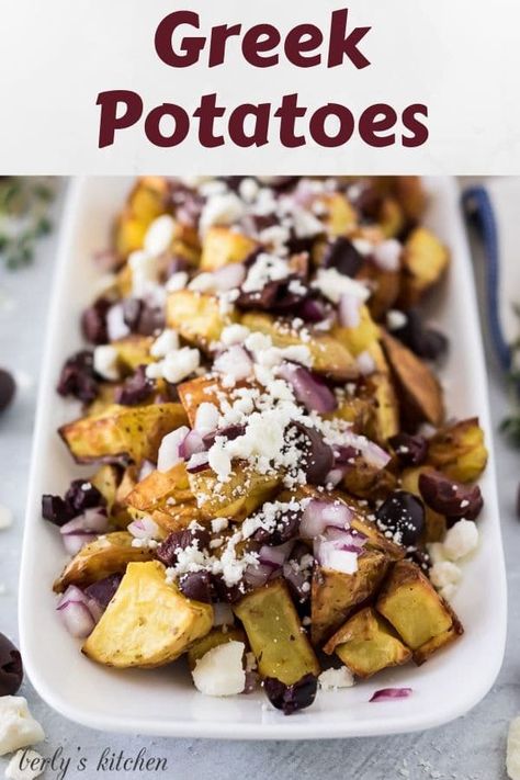 Our Mediterranean inspired Greek potatoes recipe features feta cheese, oregano, and Kalamata olives. Then we tossed everything in a tangy Greek dressing! #berlyskitchen Recipes Using Kalamata Olives, Recipes With Kalamata Olives, Kalamata Olive Recipes, Greek Potatoes Recipe, Greek Potato Salad, Side Vegetables, Greek Kitchen, Parmesan Mashed Potatoes, Greek Dressing