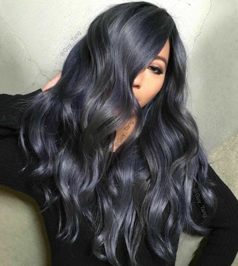 Very dark grey help | SalonGeek Dark Gray Hair Color, Dark Grey Hair Dye, Dark Grey Hair Color, Denim Blue Hair, Dark Gray Hair, Guy Tang Hair, Charcoal Hair, Dark Grey Hair, Denim Hair