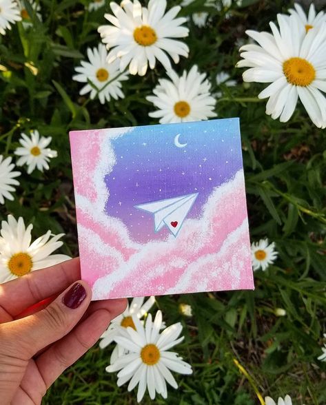 Cute Easy Paintings, Pink Canvas Art, Sky Art Painting, Cute Canvas Paintings, Paper Airplane, Canvas Painting Designs, Small Canvas Art, Art Diary, Cute Doodle Art