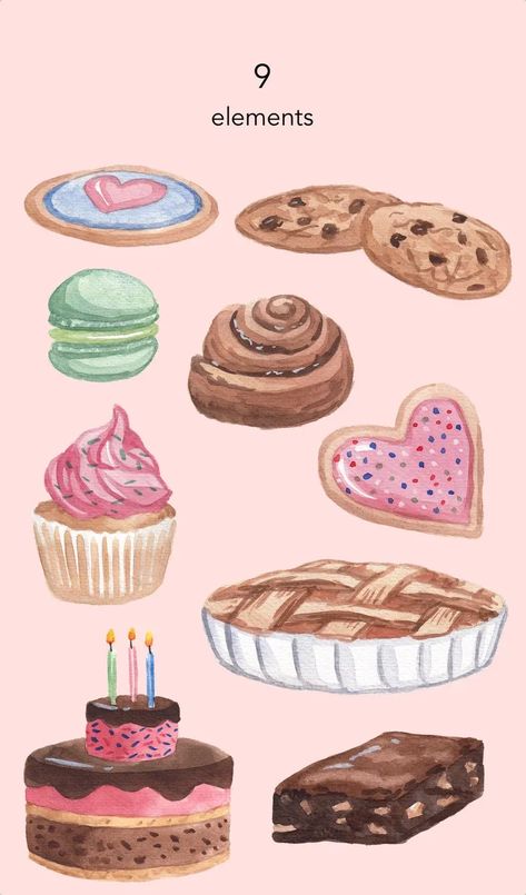 WATERCOLOR CLIPART bakery clipart food kitchen baked goods image 3 Sweets Graphic Design, Bakery Clipart, Pie Birthday, Birthday Cake Brownies, Class Board, Homemade Recipe Books, Cookies Cupcake, Cake Brownie, Cookie Clipart