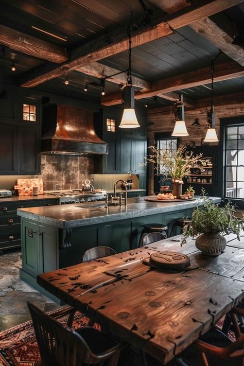 Moody House Aesthetic, Black Farmhouse Interior, Moody Farmhouse Kitchen, Barn Style Kitchen, Modern Cabin Kitchen, Yurt Ideas, Dark Farmhouse, Moody House, Moody Farmhouse