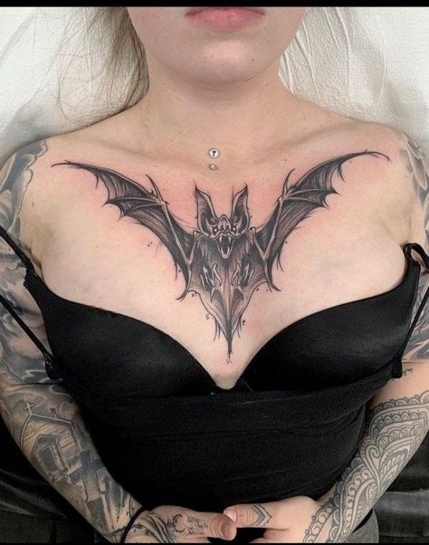 Bat Tattoo Chest Woman, Bat Chest Piece Tattoo Female, Gothic Chest Tattoos For Women, Bats Chest Tattoo, Bat Tattoo Collar Bone, Bat Collarbone Tattoo, Gothic Collarbone Tattoo, Gothic Back Tattoos For Women, Goth Collarbone Tattoo