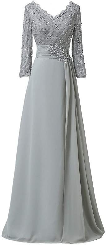 OYISHA Women's 2/3 Sleeve Lace Mother of The Bride Dress Long Formal Gown 42MD Bridesmaid Muslim, Long Gray Dress, Grey Long Dress, Evening Fashion, Bridesmaid Dresses Formal, Long Formal Gowns, Mother Of The Bride Dresses Long, Formal Prom Dress, Dress Neck