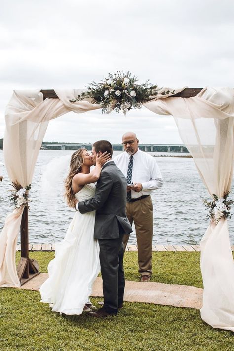 Intimate Lakeside Backyard Wedding in Florida for $3K Diy Arbor, Lake House Wedding, Wedding In Florida, Wedding Arbors, Backyard Wedding Ceremony, Travel Theme Wedding, Lakeside Wedding, Ceremony Inspiration, Mother In Law Gifts